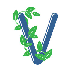 Letter V in floral style with a branch and leaves. Template element for logo design, creative monogram.