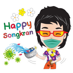 Songkran festival during the COVID era, wearing a surgical mask, splashing water to kill germs, preventing coronavirus