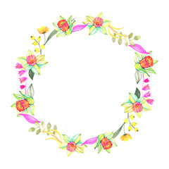 Watercolor floral wreath with leaves and branches. Hand drawn artistic frame isolated on white background.