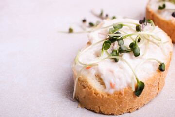 Toasts with cream and radish microgreen