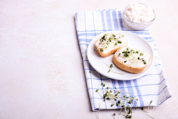 Toasts with cream and radish microgreen
