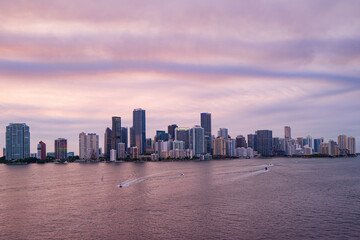 Miami night. Panoramic view of Miami at sunset, night downtown.