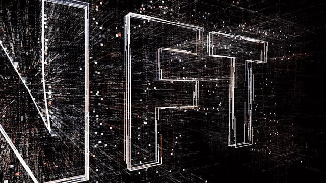 4k NFT Animated Tag Word Cloud;Matrix binary computer code text design animation;important Related terms about block chain.