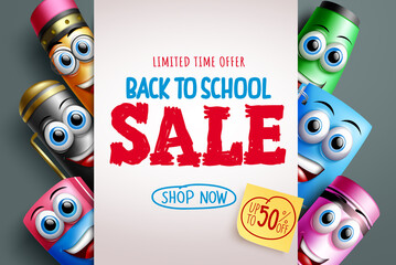 Back to school sale vector banner template. Back to school sale up to 50% off text in white background with study tools 3d characters for educational discount promo advertisement. Vector illustration
