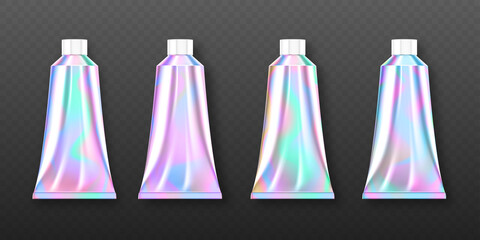 Holographic tube package for cosmetics, hand cream or skin care products. Vector realistic mockup of 3d blank containers with iridescent hologram print and white cap isolated on transparent background