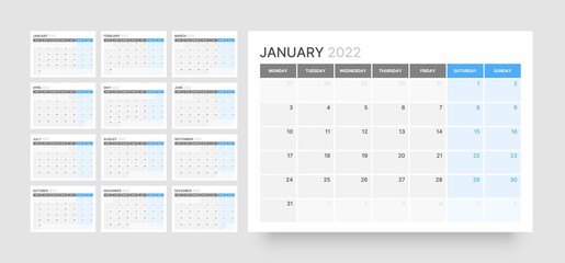 Monthly calendar template for 2022 year. Wall calendar in a minimalist style. Monday is the first day of the week.