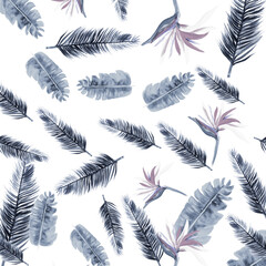 Cobalt Pattern Texture. White Tropical Art. Indigo Floral Botanical. Blue Flora Plant. Navy Decoration Leaves. Azure Wallpaper Painting. Gray Spring Botanical.