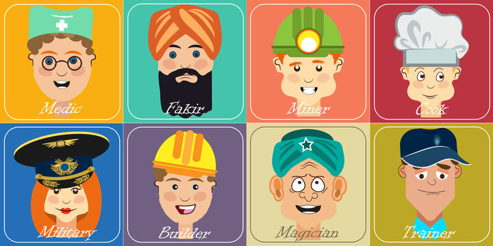 Eight images of people of different professions. Icon set. Collection of vector illustrations