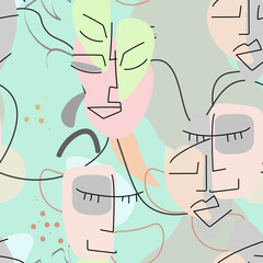 One line drawing. Abstract face seamless pattern.