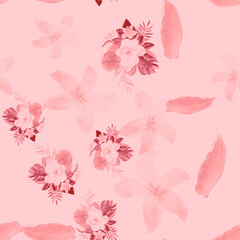 Fototapeta premium Pink Seamless Painting. Coral Pattern Hibiscus. White Tropical Leaves. Gray Flower Botanical. Flora Art. Watercolor Hibiscus. Floral Illustration. Summer Plant.