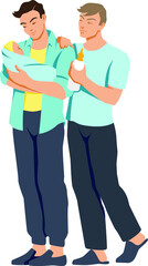 Obraz premium Vector flat design illustration : two men with small child. Blue, yellow , gray colors. Father, family, LGBTQ couple at home, sharing moments with their baby . Elements for card, poster, invitation.