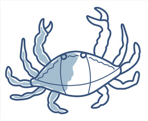 Sea life  hand drawn blue line vector crab.
