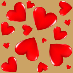Red 3D hearts on a colored background. Seamless background. Stylish creative wallpaper.