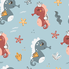 Seamless pattern with seahorses.