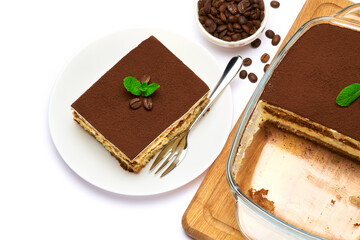 Traditional Italian Tiramisu dessert in glass baking dish and portion on plate on white background