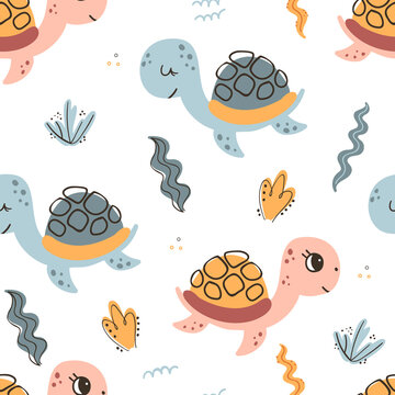 Seamless pattern with sea turtles