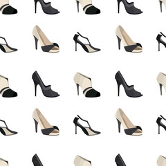 Seamless pattern with stylized woman white and black shoes. Pretty endless texture for your design.