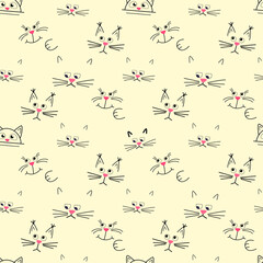 Cute cat muzzle. Seamless pattern on yellow background