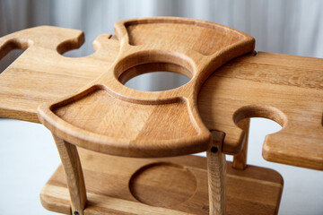 Serving wooden table for wine, glasses and snacks. Handmade segmented Portion wooden table.