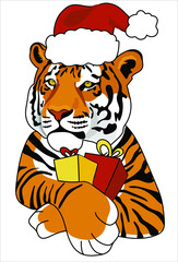 Tiger in a santa hat and with gifts. The symbol of the Chinese New Year. Wild Animals in cartoon style. Label, Logo. Vector illustration isolate. Print for T-shirts and sweatshirts. Tiger head