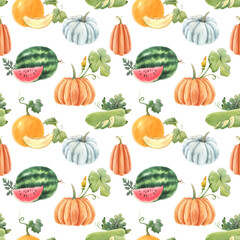 Beautiful seamless pattern with cute watercolor hand drawn melon watermelon and pumpkin vegetables. Stock illustration.