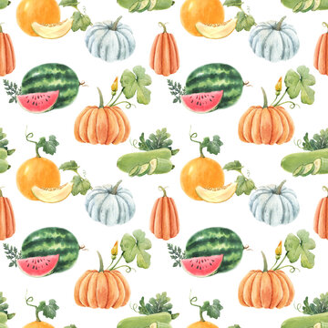 Beautiful seamless pattern with cute watercolor hand drawn melon watermelon and pumpkin vegetables. Stock illustration.