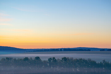 Sunrise on a field covered with wild flowers in summer season with fog and trees with a cloudy sky background in morning. Landscape.