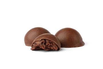 Chocolate praline candies isolated on white background.