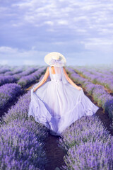 girl in a long dress runs in a lavender field. The bride in lavender. Photo from the back.