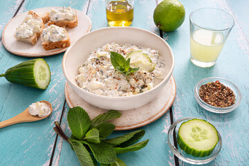 Preparation of Mediterranean tzatziki with yoghurt, cucumber, mint and other ingredients