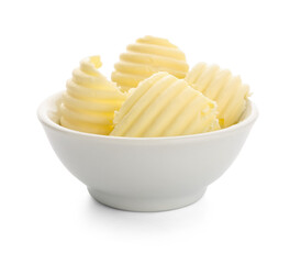 Bowl with fresh butter on white background