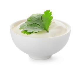 Bowl of tasty sour cream on white background