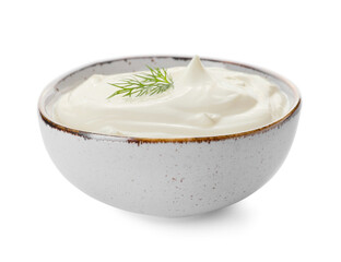 Bowl of tasty sour cream on white background
