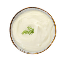 Bowl of tasty sour cream on white background