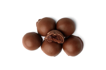 Chocolate praline candies isolated on white background. Top view.