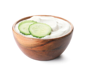 Bowl of tasty sour cream and cucumber on white background