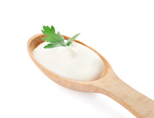 Spoon with tasty sour cream on white background