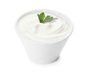 Bowl of tasty sour cream on white background