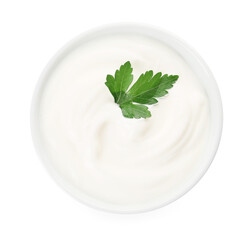 Bowl of tasty sour cream on white background