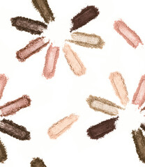 Seamless pattern of smashed, neutral toned eyeshadow make up palette isolated on a white background
