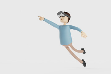 A man wearing virtual reality glasses flying in the air and pointing at something. 3D Rendering.