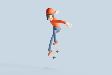 Joyful teen skateboarder boy in a dynamic skateboarding pose. 3D rendering.