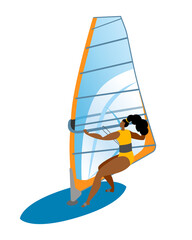 Girl ride a Board with a sail. Isolated vector illustration in a flat style on the theme of windsurfing.