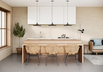 japandi modern scandinavian style apartment interior, kitchen design, 3d background