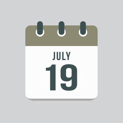 Icon day date 19 July, template calendar page