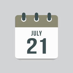 Icon day date 21 July, template calendar page