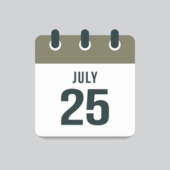 Icon day date 25 July, template calendar page