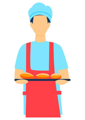 Man carries pies, person eating, pie character isolated on white, holiday chef cupcake, design, flat style vector illustration.