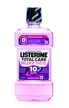 A Bottle Of Listerine Total Care Milder Taste Smoth Mint  Mouth Wash With Zero Alcohol On An Isolated White Background