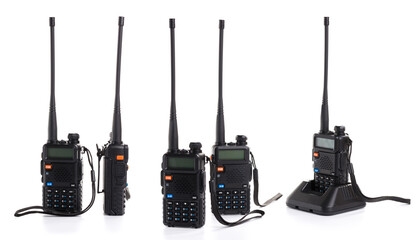 set collage of several black walkie-talkie radio communication device isolated on white background